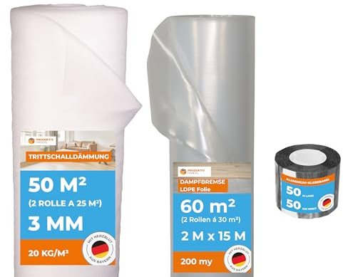 Spar-Set Trittschalldämmung Basic 3mm 50m² | Premium Dampfbremsfolie 60m² | Dampfbremse-Klebeband 50m | Hochwertiges Heimwerkerpaket Dampfsperrfolie für Laminat & Parkett