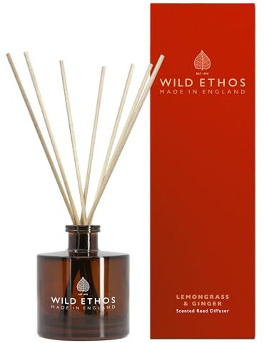 Wild Ethos Scented Reed Diffuser - Select Your Scent - Blended Natural Essential Oils - Lasts 16 Weeks - Made In The UK (Lemongrass & Ginger)
