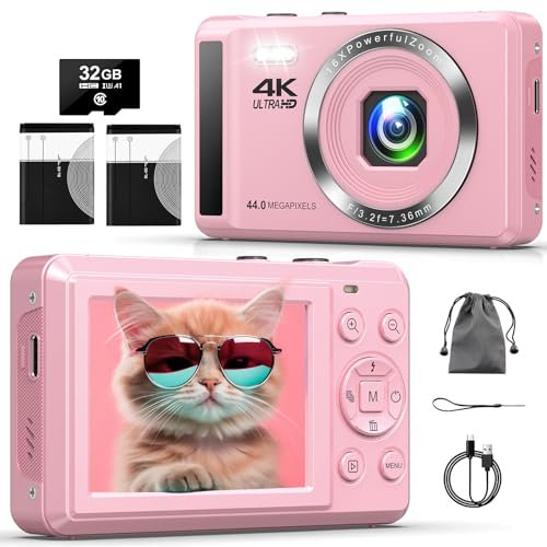 Digitalkamera 4K FHD Vlogging-Kamera, 64 MP Autofokus-Kompaktkamera mit 16-fachem Digitalzoom, wiederaufladbare 2,4-Zoll-Mini-Kinderkamera mit 32 GB Speicherkarte, 2 Batterien