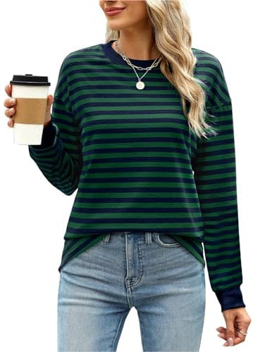 Gemulate t Shirts for Women UK Plus Size Womens Loose Long Sleeve Striped Tshirts Ladies Fall Fashion Blouse Tees Tunic Autumn Winter Clothes Dark Green XXL