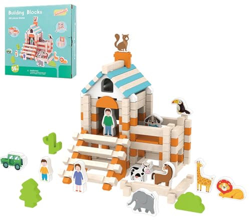 ENIKMOSD Holzbausteine ab 2 3 4 5 6 Jahren,Bauklötze aus Holz,Montessori Konstruktions Spielzeug,Holzspielzeug,Lernspielzeug,Stapelspielzeug Kreativ Set 122 Bausteinen