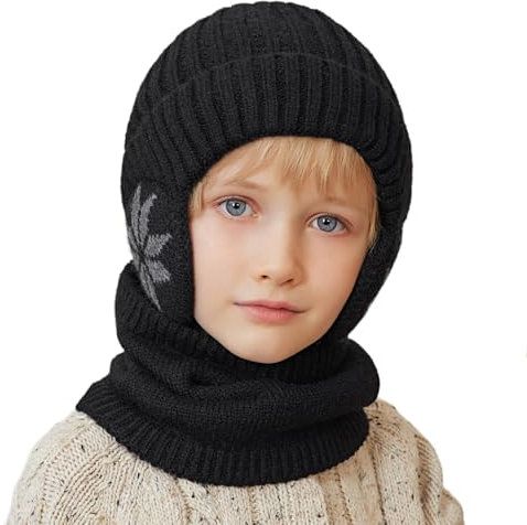 Cheerful Mario 3-8 Jahre Winter Mütze Schal Set Kinder Jungen Wintermütze mit Ohrenschützer und Loop Schal Warme Fleecefutter Schwarz