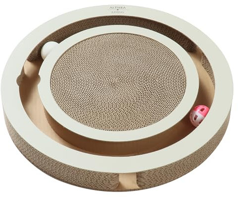 Althea Living - Juguete Interactivo para Gatos | Rascador de Cartón Corrugado | Tecnología BBFlute | Pelotas Giratorias | Base Antideslizante, Marrón y Blanco