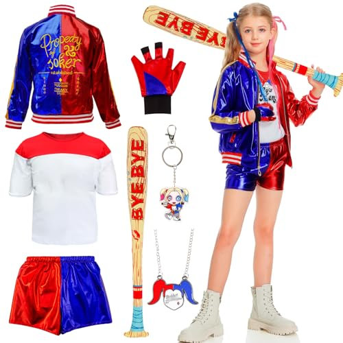 Déguisement Quin-n Costume Fille Enfant- Déguisement Clown Carnaval Cosplay Quinn Costume Joker Set avec T-Shirt Tenue Veste Short Gants Batte de Baseball pour Déguisements de Carnaval Halloween