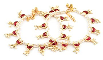 Craftopia Overseas Bracelet de cheville Kundan en forme de croissant rose indien (2 payals) pour femme, taille M, métal, sans pierre précieuse
