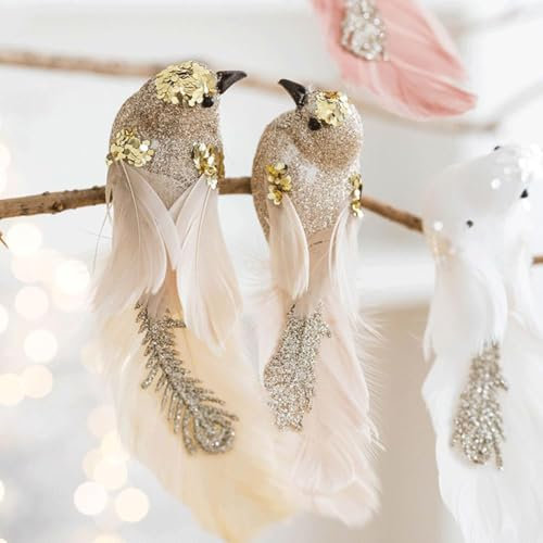 Generic Vogel-Ornamente für Weihnachtsbaum, gefiederter Vogel, Weihnachtsdekoration, Champagner, 2 Stück