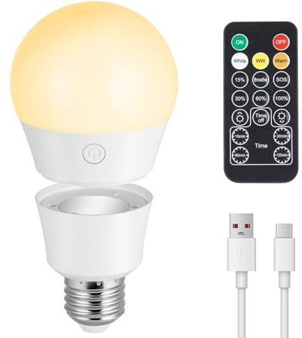 Bombilla LED E27, Bombillas Recargable USB con Mando a Distancia y Temporizador, Bombilla Regulable de 3 Colores, Bombillas LED E27 Magnética Desmontable para Lámparas Inalámbricas,Hogar,7W,1 ud