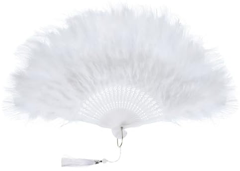 PATIKIL 1920s Vintage Marabou Feather Fan, Flapper Hand Fan Folding Handheld Fan for Costume Party Dancing Wedding Show Tea Decoration, White