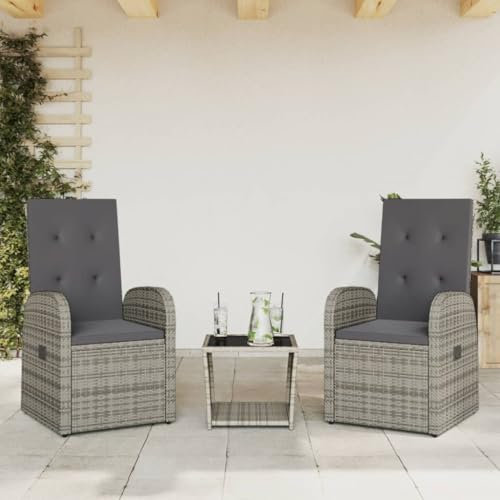 IKAYAA Gartenmöbel Set mit Glas Tisch und 2 Verstellbare Hochlehner Stühlen, Rattan Essgruppe für 2 Personen, Gartenmöbel Essgruppe, Garten Sitzgruppe inkl. Sitzkissen Grau Type-12
