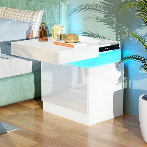 Lvhcmfohm Nachttisch mit Steckdose, Nachtschrank mit Led Licht, 2 AC-Steckdosen, 2 USB-Anschlüsse Nachtkommode mit 2 Schubladen und Versteckte Schiebeschränke für Wohnzimmer, 45x40x52cm, Weiß