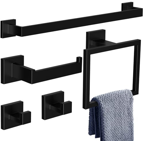 Bathroom Accessories Set,5-Piece Bathroom Towel Holder, Includes 16Inch Towel Bar Set, SUS304 Stainless Steel Toilet Paper Roll Holder,Matte Black Square Towel Ring, 2 Towel Hooks for Bathroom,Kitchen