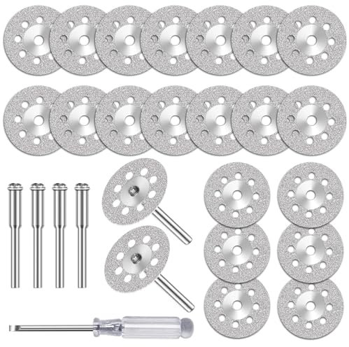 Diamond Cutting Wheel Cut Off Discs - 20Pcs Diamond Cutting Disc for Dremel Rotary Tool With 4Pcs Mandrels and 1Pcs Mini Screwdriver for Stone Glass Cutting