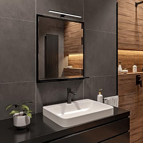HAJDUK FURNITURE Schwarz Badspiegel mit Beleuchtung 4000 K IP44 H:70 x B: 60 cm - Bathroom Mirror - Moderner Badezimmer Spiegel Rechteckig mit Ablage und Schwarz LED - Wandspiegel mit Regal