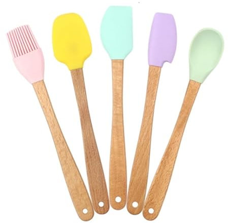 Spatule Cuisine Silicone Mini spatule à gâteau et crème en Silicone, manche en bois, pâtisserie, mélangeur de pain, grattoir de cuisine, brosse à huile de cuisson antiadhésive, 5 pièces(Color 2-5pcs)