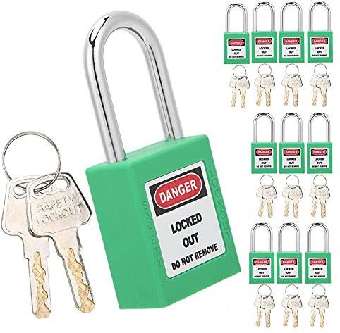 Lockout Tagout Schloss, 10er-Set 38 mm Lockout-Schloss Lockout Vorhängeschloss Gleichschließend Nylon-Sicherheitsvorhängeschloss mit 20 Schlüsseln (GREEN)