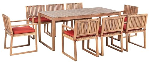 Beliani Rustic 8 Seater Garden Dining Set Certified Acacia Wood Table Chairs with Red Cushions Light Brown Sassari II