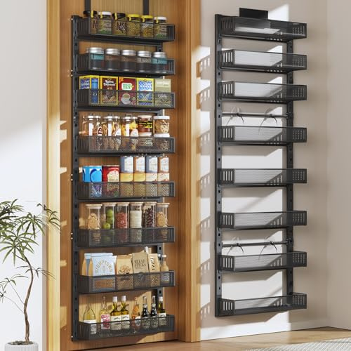 Pantry Door Organizers and Storage, 8-Tier Large Metal Heavy-Duty Frame Over the Door Spice Rack, 2 in 1 Wall-Mounted or Hanging shelf for Kitchen, Bathroom, Laundry Room, Bedroom, Closet &Nursery