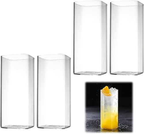 APOMOONS 4 Stück 13 Oz Klare Trinkgläser 400ml Dünne Quadratische Wassergläser Set Longdrinkgläser Elegante Bargläser Gläser für Wasser, Saft, Bier Getränke Cocktails, Drink, Party, Modernes Design