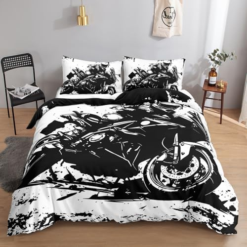 HOSIMA Motorrad Muster Bettwäsche-Set,100 x 132 cm, Tuschemalerei-Stil Motorrad bettwäsche,1 Bettbezug,1 Kissenbezug,mit Reißverschluss,geeignet für Kinder,Jugendliche und Erwachsene
