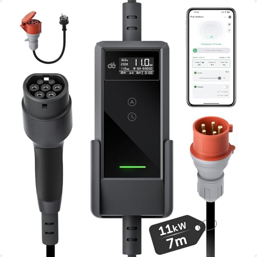 dé Mobile Wallbox 11kW mit APP [7m | 3-phasig | 6–16 A] | Ladekabel e Auto CEE-16A 400V auf Typ 2 mit Einstellbarer Ladeleistung, EV-Charger für BEV/PHEV