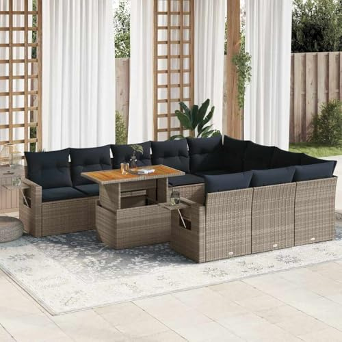Bucmath 11-TLG. Garten-Sofagarnitur mit Kissen Grau Poly Rattan, Verstellbarer Tisch, Stauraum, UV-beständig, wetterfestes Outdoor Möbel Set für Terrasse, Balkon