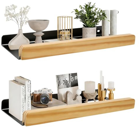 FALSKT 2 Pièces Etagere Murale Noir 40cm 2 Façons de Montage | Étagère Murale Bois Etagères Flottante Murales en Metal Tablette Murale Rouille pour Salon Cuisine Chambre Salle de Bain