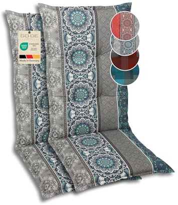 GO-DE Textil Bequeme und attraktive Polsterauflagen für Mittellehner-Gartenstühle (2er-Set, Ornamentstreifen blau, Mittellehner)