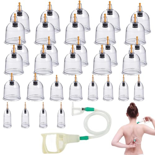 Lot de 32 ventouses en verre pour thérapie traditionnelle chinoise et massage par ventouses, avec pompe à vide et tube d'extension (sans huile)
