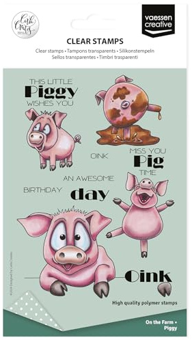 Vaessen Creative Silikonstempel Schweine und Texte - 19 Transparenter Motivstempel - für DIY, Karten Basteln, Umschläge und Scrapbooking - Geeignet für Stempelhilfe + Stempelblock