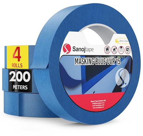Sanojtape Ruban de Masquage de Peinture Multi-Surfaces Bleu 25mm x 50m (Lot de 4) Papier Masking Tape Résistant aux UV