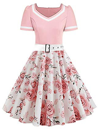 Babyonlinedress Femme Robe de Soirée Chic Jointif avec Ceinture Vintage rétro année 50s pin-up Rockabilly Swing à Pois Rose L