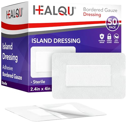 Healqu Eingefasster Gaze-Inselverband – 50 Stück, 6 x 10 cm, sterile, einzeln verpackte Mullauflagen mit wasserabweisender, nicht gewebter Rückseite – weicher und atmungsaktiver Wundverband