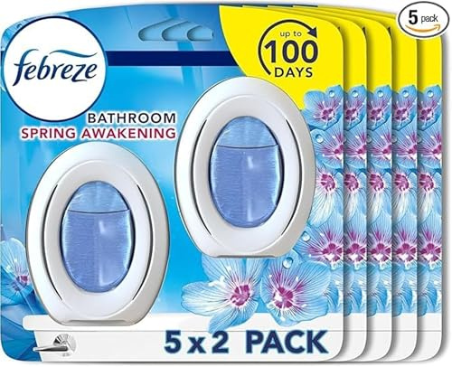Febreze Bathroom Air Freshener, 10 Units, Odour Eliminator & Prevention, Lenor Spring Awakening Scent, (5 Twin Packs)