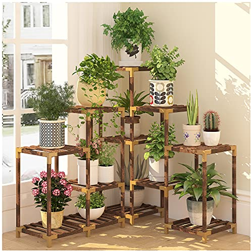 HOMKIRT Pflanzenständer für drinnen und draußen, 12 Etagen, Eckregal, Holzregal, Organizer, Display für mehrere Pflanzen, großer Leiterhalter, Blumenständer für Wohnzimmer, Terrasse, Veranda