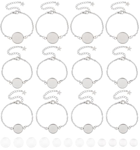 UNICRAFTALE 12 Stück 3 Größen 5-6 Zoll Edelstahl Armbänder Klarglas Cabochons Armband Lünette Cabochon Set Cabochon Rohlinge Tablett Blank Armbänder Für Die Schmuckherstellung, Edelstahl Farbe