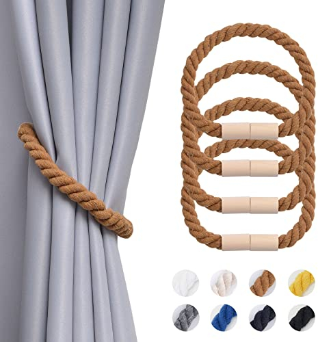 Pretty Jolly 4 Stück Magnetische Vorhang Raffhalter aus Holz, Boho, Heimdekoration, drapierte Raffhalter, handgefertigt, Baumwollseil, Vorhanghalter für Zuhause und Büro, Fenstervorhänge (Kaffee)