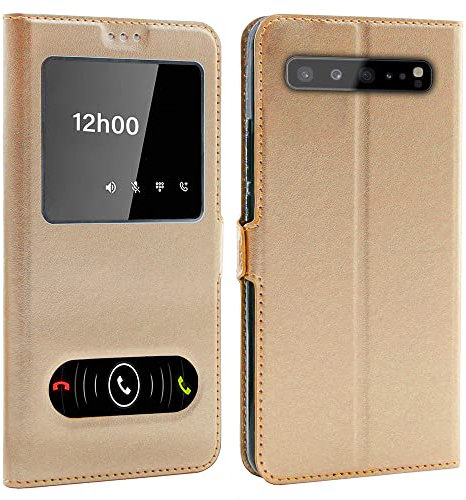CEKA TECH Coque pour Samsung Galaxy S10 (6,1 Pouces), Etui Housse avec FENETRES, Pochette Magnétique pour (Samsung S10) - Gold
