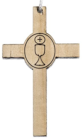 Holzkreuz für Erstkommunion Motiv Kelch und Hostie