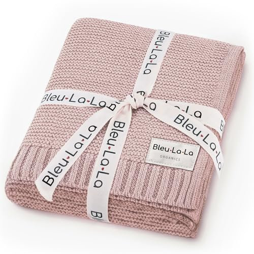 Bleu La La Bio Empfangs Puckdecke - 100% luxuriöse Bio-Weichbaumwollstrick warme gemütliche Kuscheldecke für Kinderwagen und Wiege geeignet für Neugeborene Säuglinge und Kleinkinder. (Altrosa)