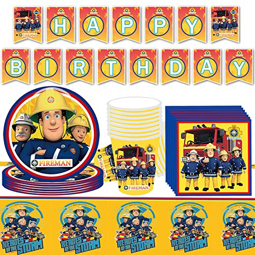 Newtic Feuerwehrmann Sam Geburtstagsdeko 54Pcs Feuerwehrmann Sam Teller Tasse Gewebe Tischdecke Banner Feuerwehr Deko Kindergeburtstag Für Dekoration Feuerwehr Party Dekoration