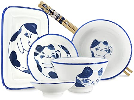 DigiTizerArt Juego de 6 platos japoneses para 1, comida asiática, plato de sushi, cuenco y palillos con caja de regalo, diseño de gato