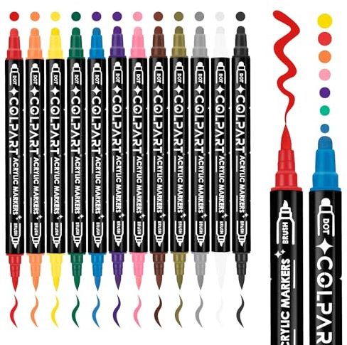 colpart Lot de 12 marqueurs de peinture acrylique à double pointe pour peinture sur roche, bois, toile, pierre, peinture acrylique à pointe pinceau pour loisirs créatifs, fournitures artistiques,