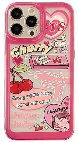 LOLAGIGI Schutzhülle für iPhone 13 Pro, Rosa, transparent, Collage, Kirschherzen, Y2K, niedlicher Cartoon, Kawaii, Mädchen, Druck, modisch, ästhetisches Design für Frauen, Mädchen, Teenager, weiche