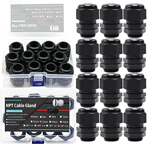 HUIXHAO Waterproof IP68 Cable Gland Set 3/4NPT Nylon PA66 Plastic Cable Connector for Cable Fixation, Adjustable Locknut for 13-18mm Cable Diameter(3/4NPT,Black,12pcs)