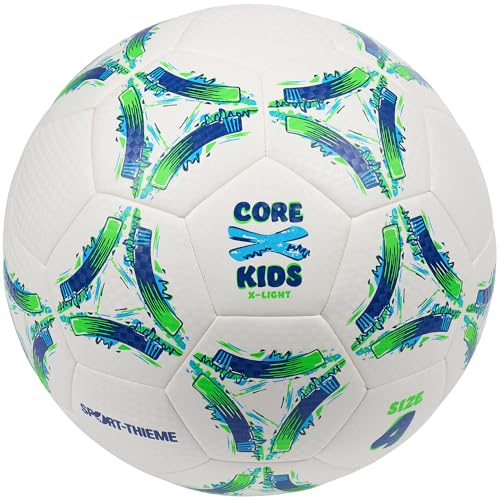 Sport-Thieme Fußball CoreX Kids X-Light | Leicht-Trainingsball | Hybrid-Technologie | Größe 4 & 5 | Golfball-Oberfläche | 290 g | PU Material | Weiß-Grün-Blau