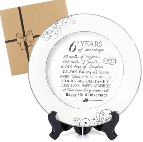 Urllinz Iron Gifts for 6th Anniversary Decorations - 6 Year Anniversary Plate with Platinum Foil for Him Her Couples, Ceramic Plate with Stand 9