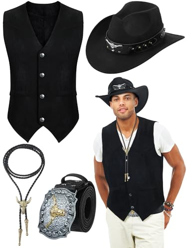 Cutecrop Western-Cowboy-Outfits für Herren, Wildleder, Weste, Hut, Bolo, Bindegürtel für Western Halloween Cosplay, Schwarz, Large