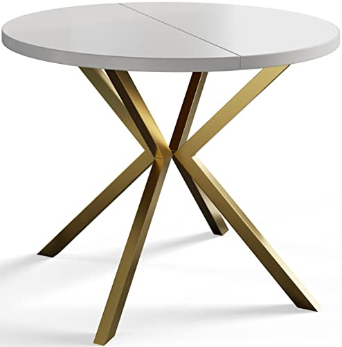 AlpiMeble Esszimmertisch Ausziehbarer 120-200cm, Weiß, Goldene Metallbeine | Runder Tish Loft Liten, Wohnzimmertisch, Küchentisch und Esszimmertisch