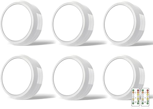MOUJUCHI Schrankbeleuchtung, 6 PCS Schrankbeleuchtung Kabellos Batteriebetrieben, Unterbauleuchte Küche mit Fernbedienung Dimmbar Puck Lights für Treppen Vitrine Schrank Küche (Weiß)
