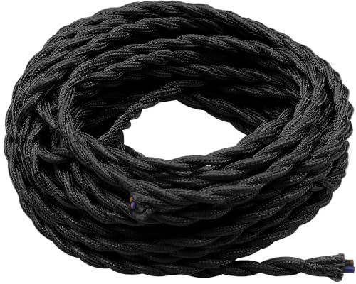 GOIYZTTR 10 Metros de Cable Textil de Lino Vintage Negro Cable Eléctrico Tejido Flexible Adecuado Para Lámparas y Accesorios de Iluminación de Bricolaje(2 * 0,75 mm²)